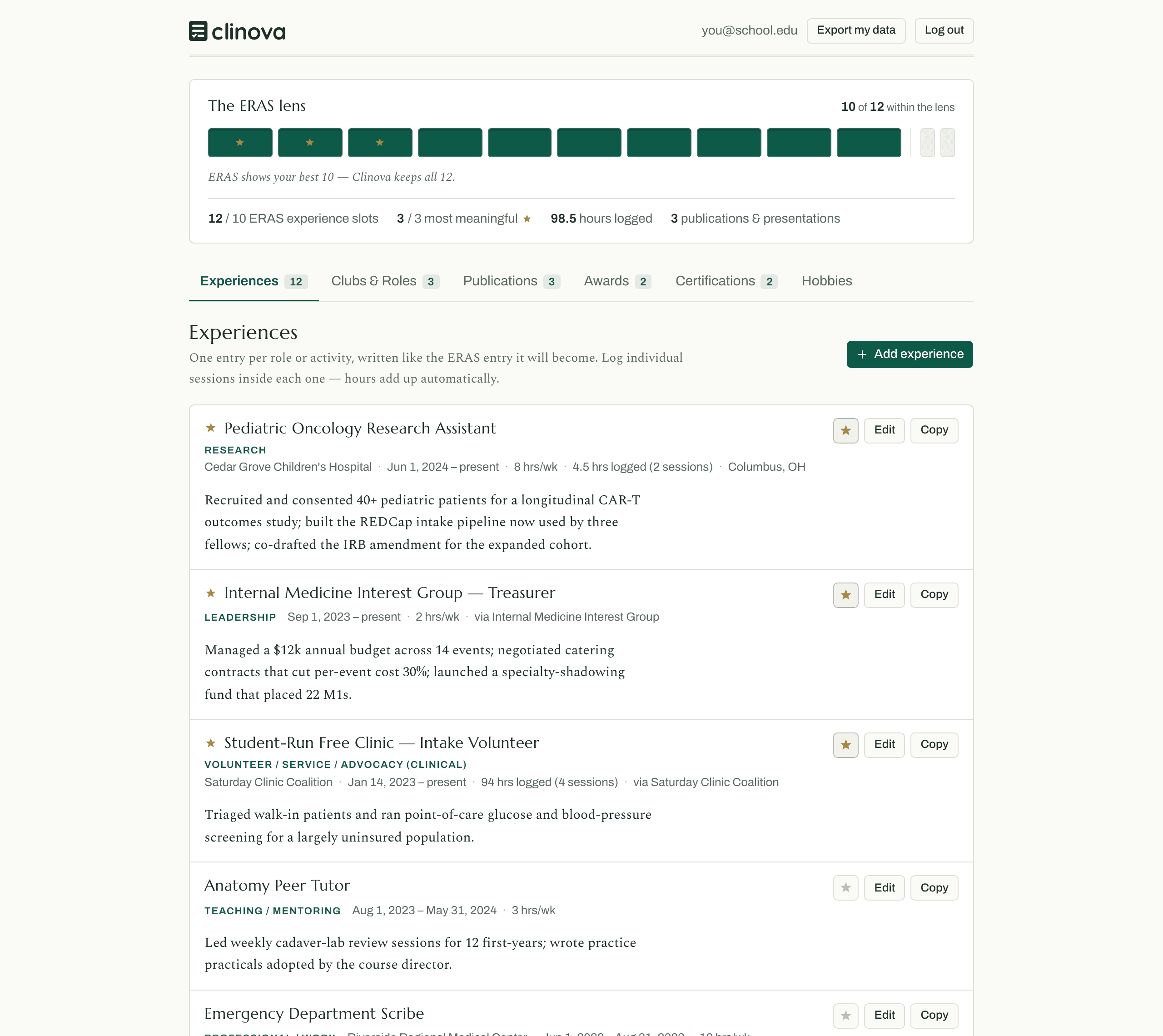 The Clinova dashboard: the ERAS lens card with ten green slots and three gold stars, tabs for experiences, clubs, publications, awards, and a list of logged experience entries with hours and descriptions.
