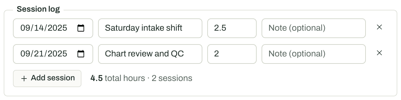 The session log inside an experience: two dated sessions with hours, an Add session button, and the running total — 4.5 total hours across 2 sessions.